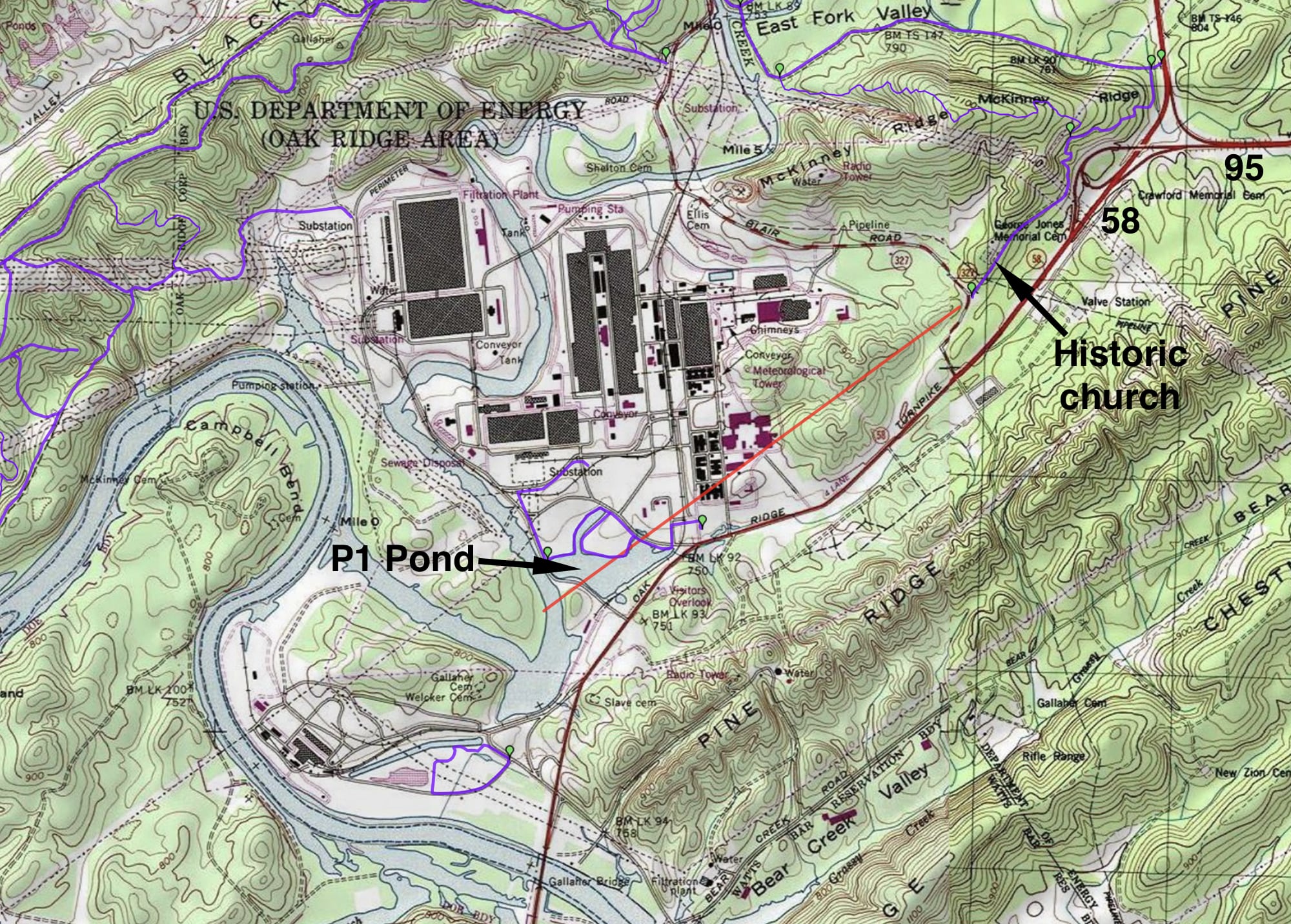 Runway centerline (red) of proposed Oak Ridge Airport at Heritage Center